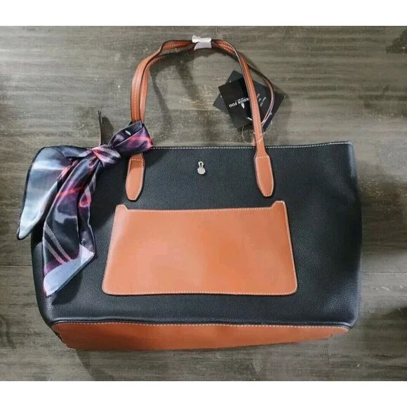 London Fog Black & Tan Brown Handbag Shoulder Bag New Vegan Leather - Picture 1 of 10